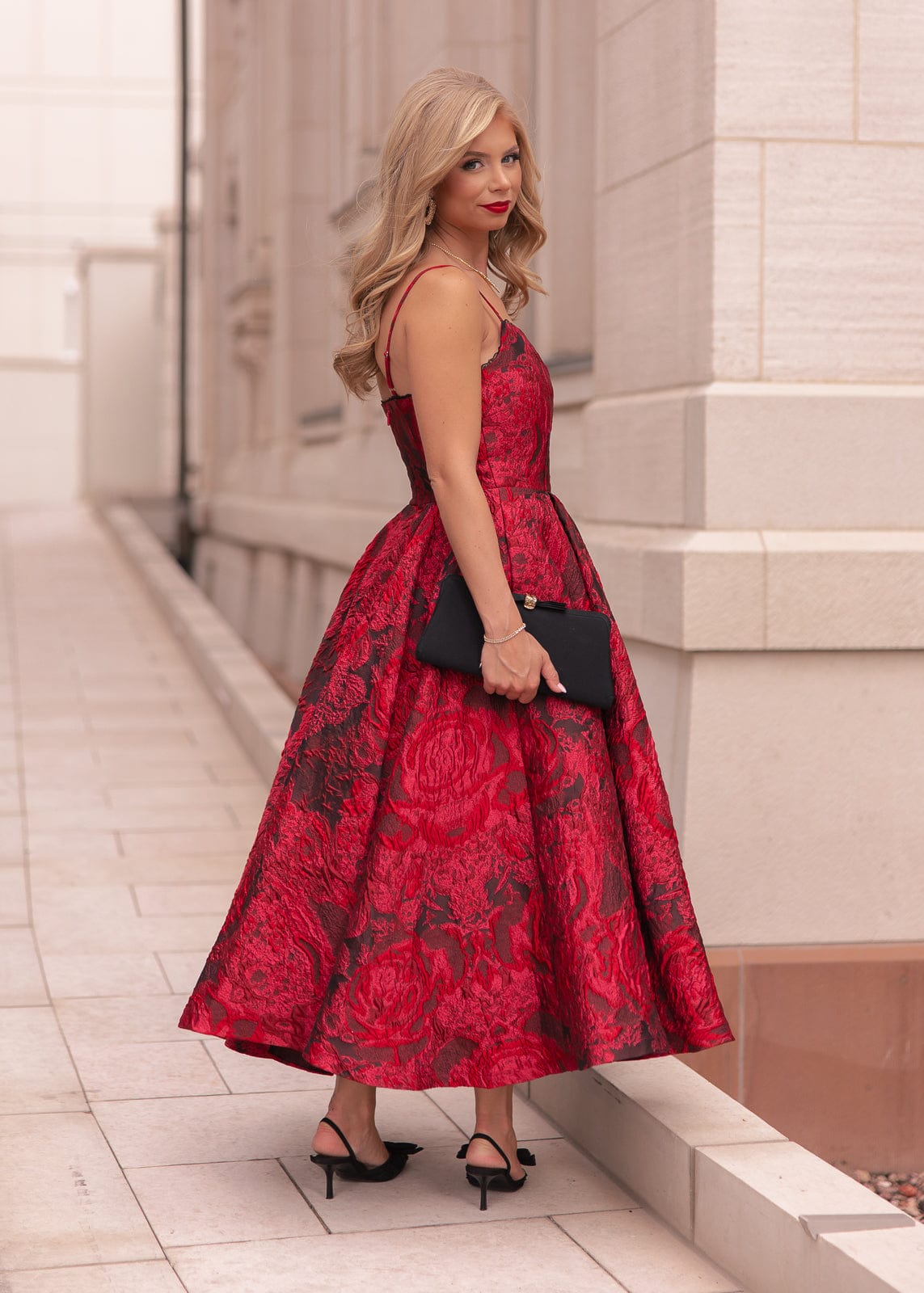 Kelly A-line Jacquard Midi Dress - Red