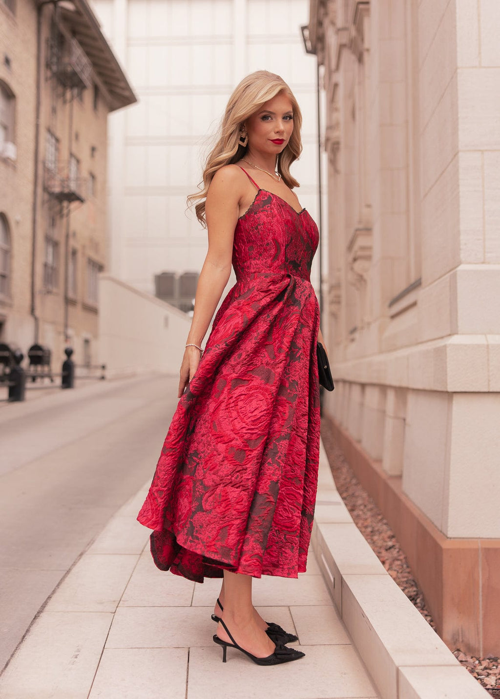 Kelly A-line Jacquard Midi Dress - Red