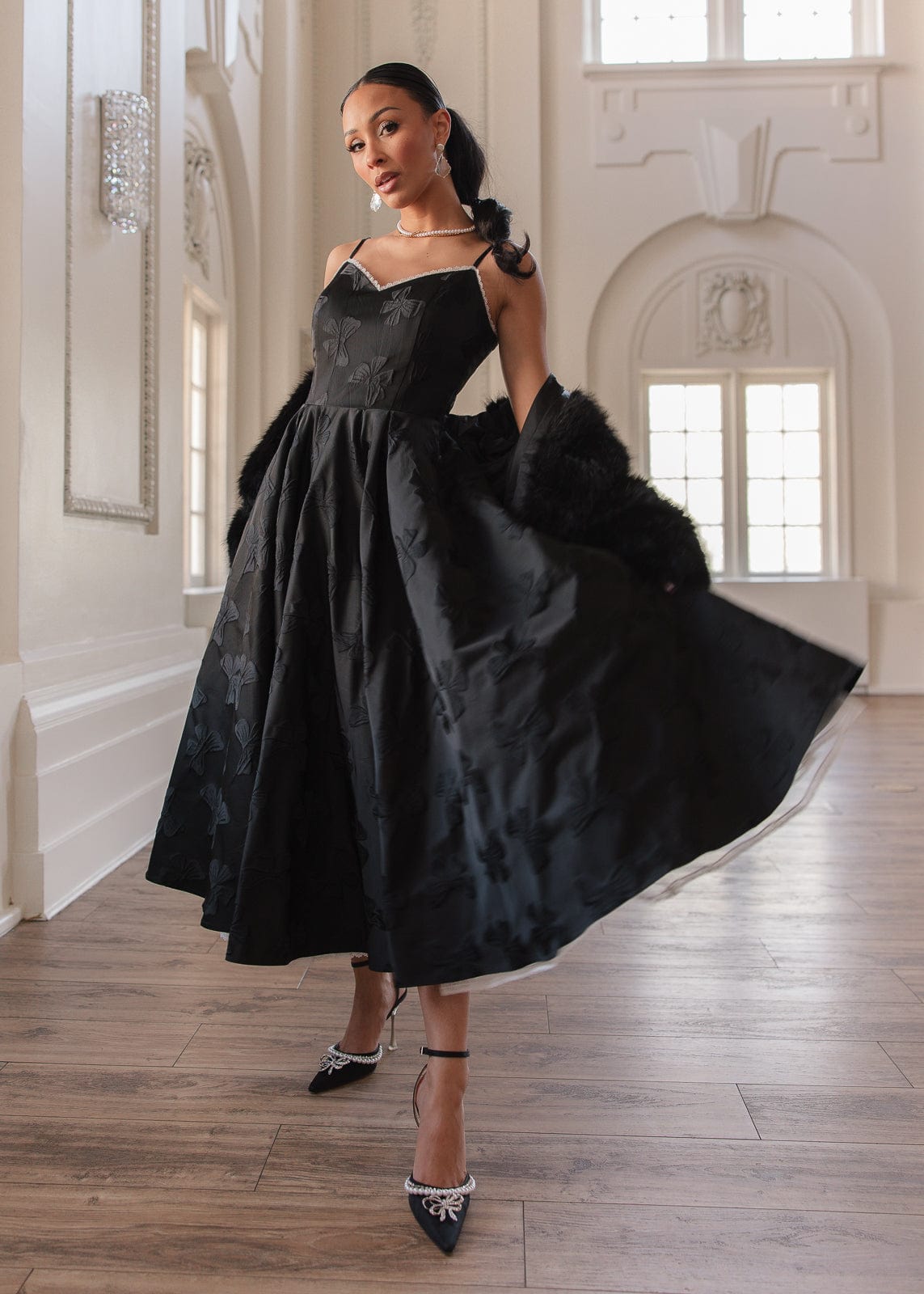 Kelly A-line Jacquard Midi Dress - Black