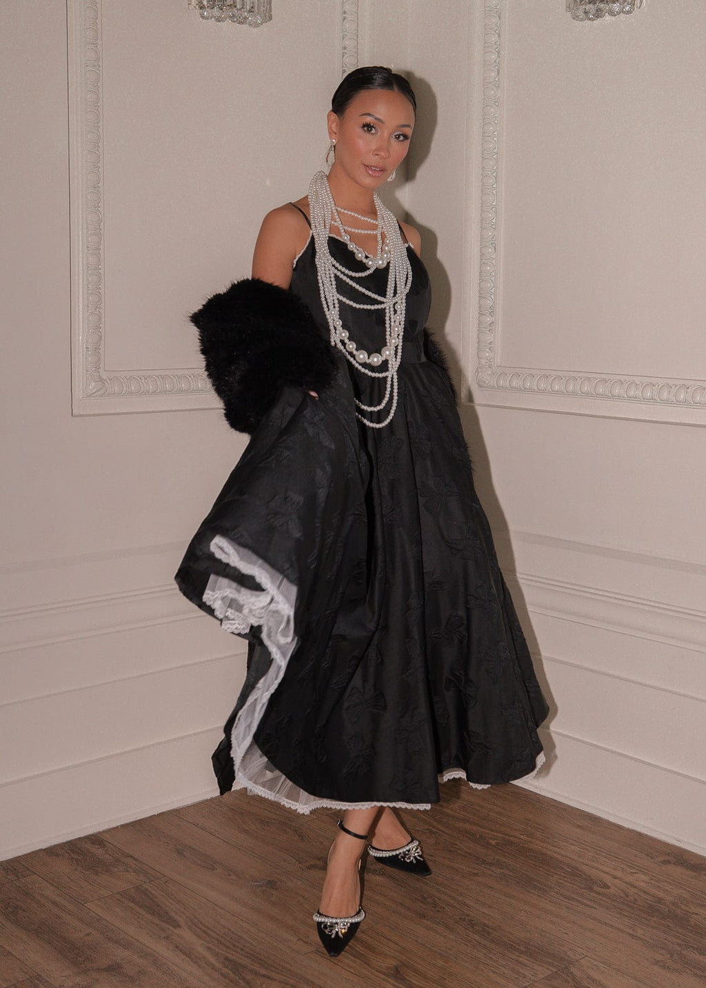 Kelly A-line Jacquard Midi Dress - Black