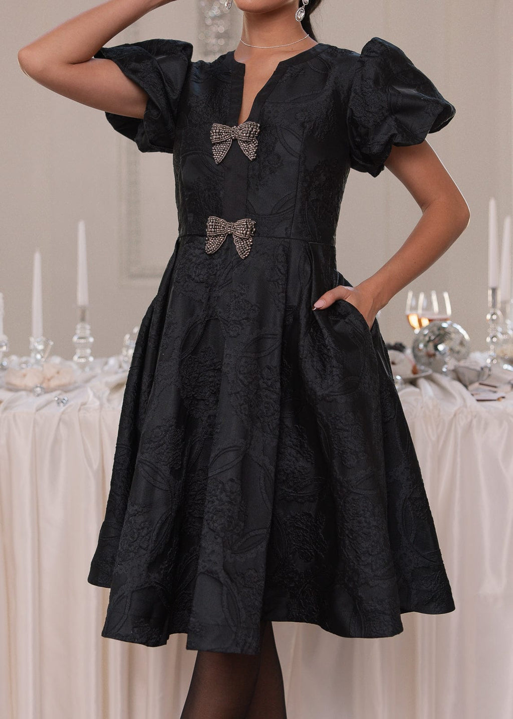 Lennon Bow Detail Jacquard Knee Length Dress - Black