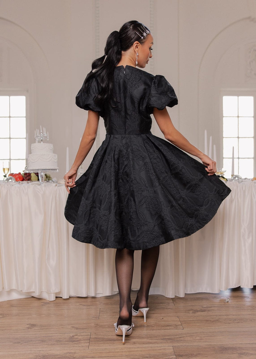 Lennon Bow Detail Jacquard Knee Length Dress - Black