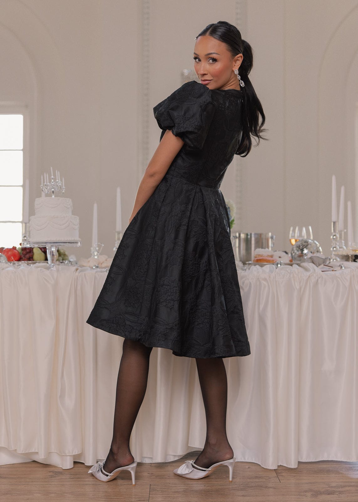 Lennon Bow Detail Jacquard Knee Length Dress - Black