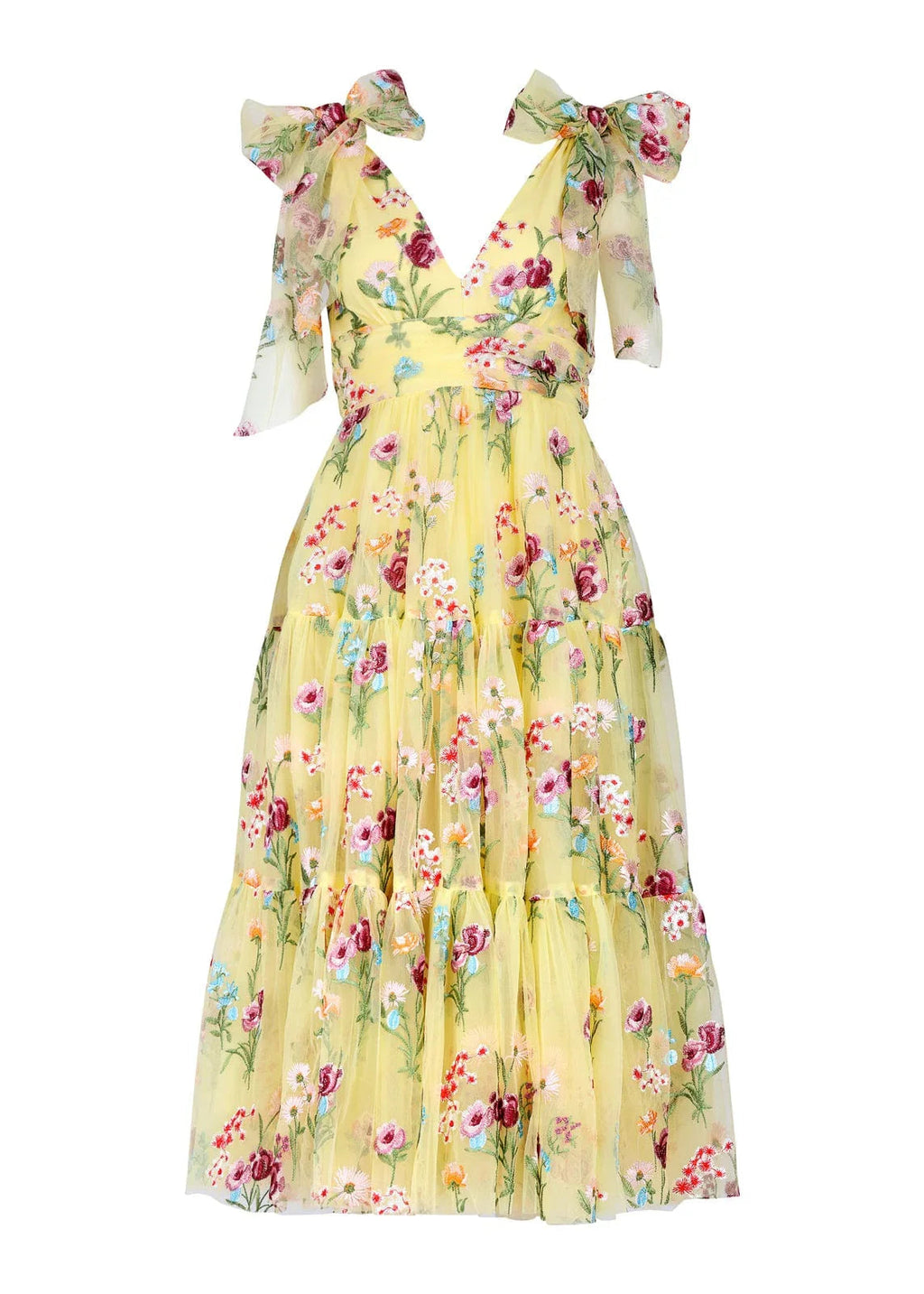 Margaret Floral Embroidered Midi Dress Yellow
