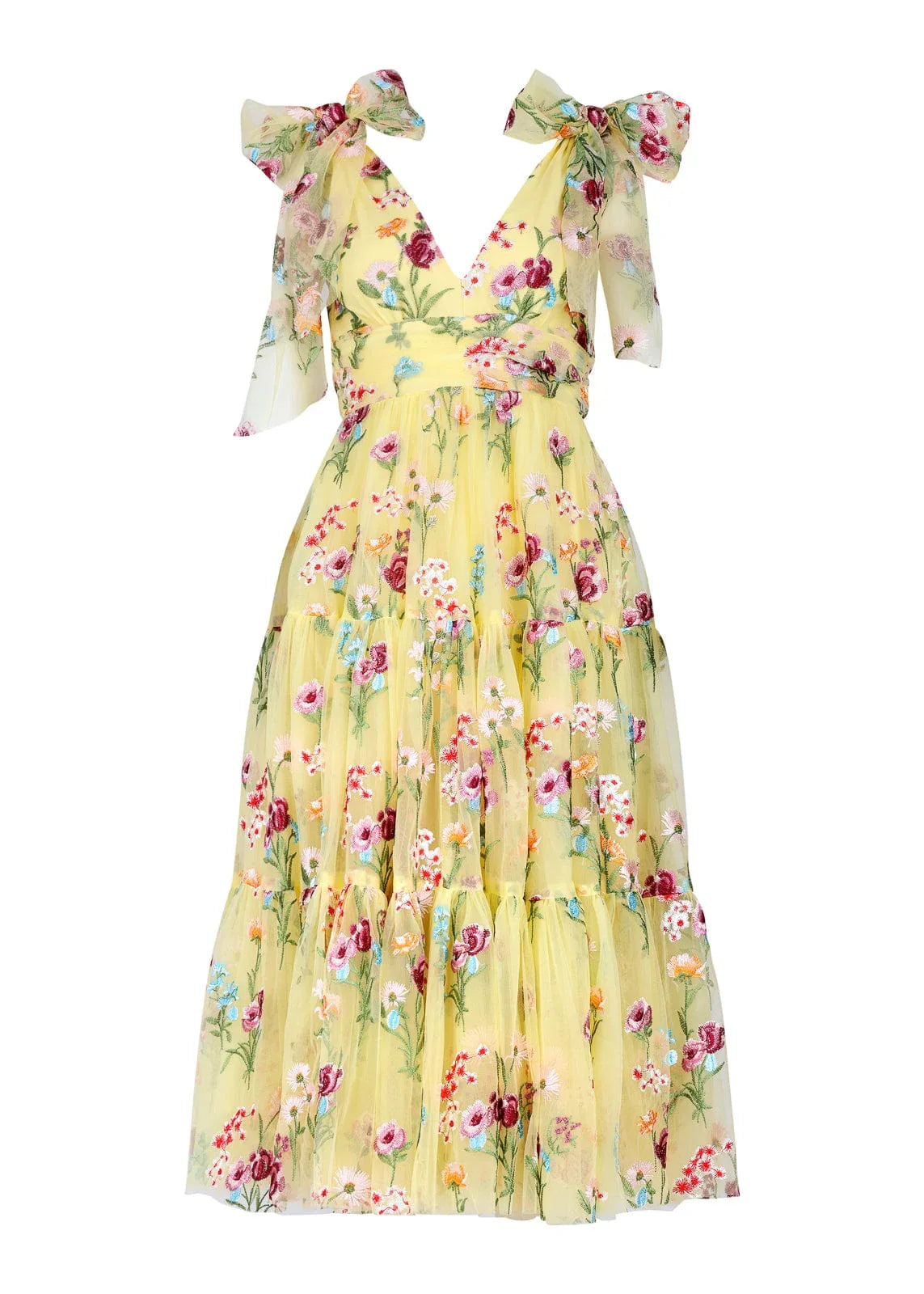 Margaret Floral Embroidered Midi Dress Yellow