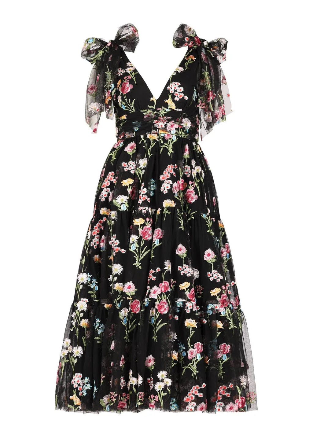 Margaret Floral Embroidered Midi Dress Black
