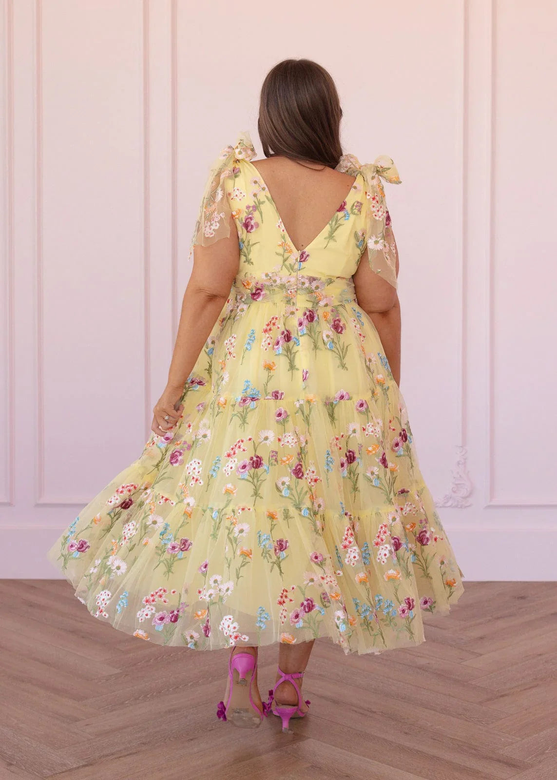 Margaret Floral Embroidered Midi Dress Yellow