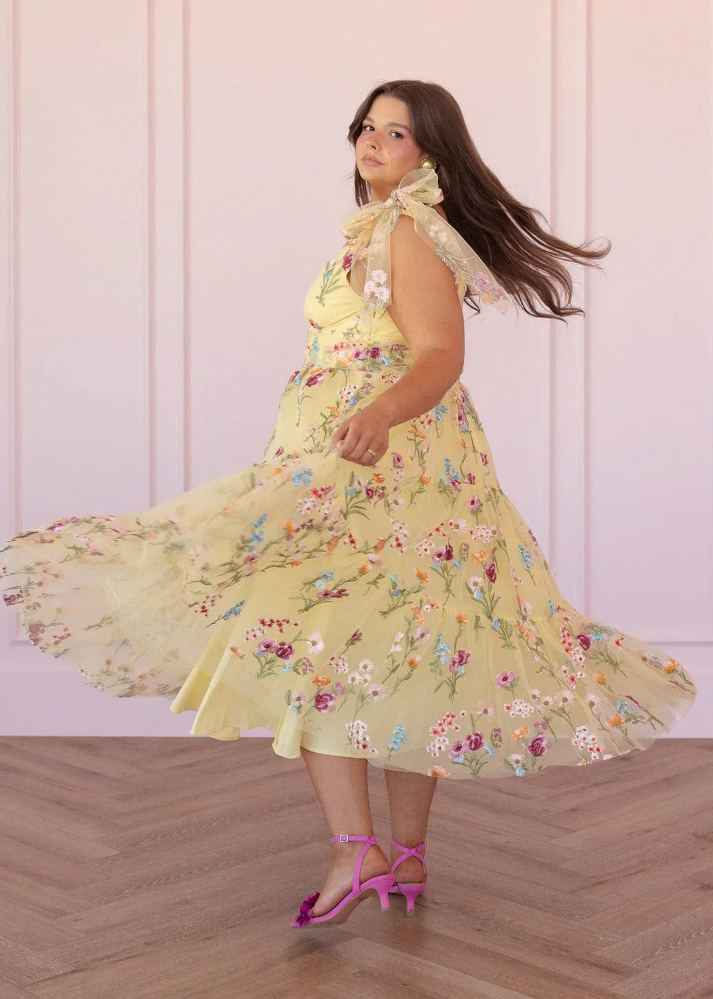 Margaret Floral Embroidered Midi Dress Yellow