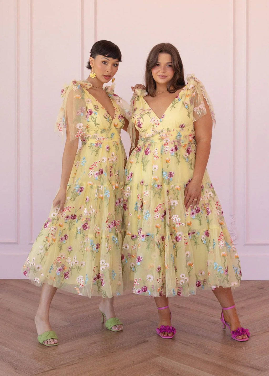 Margaret Floral Embroidered Midi Dress Yellow