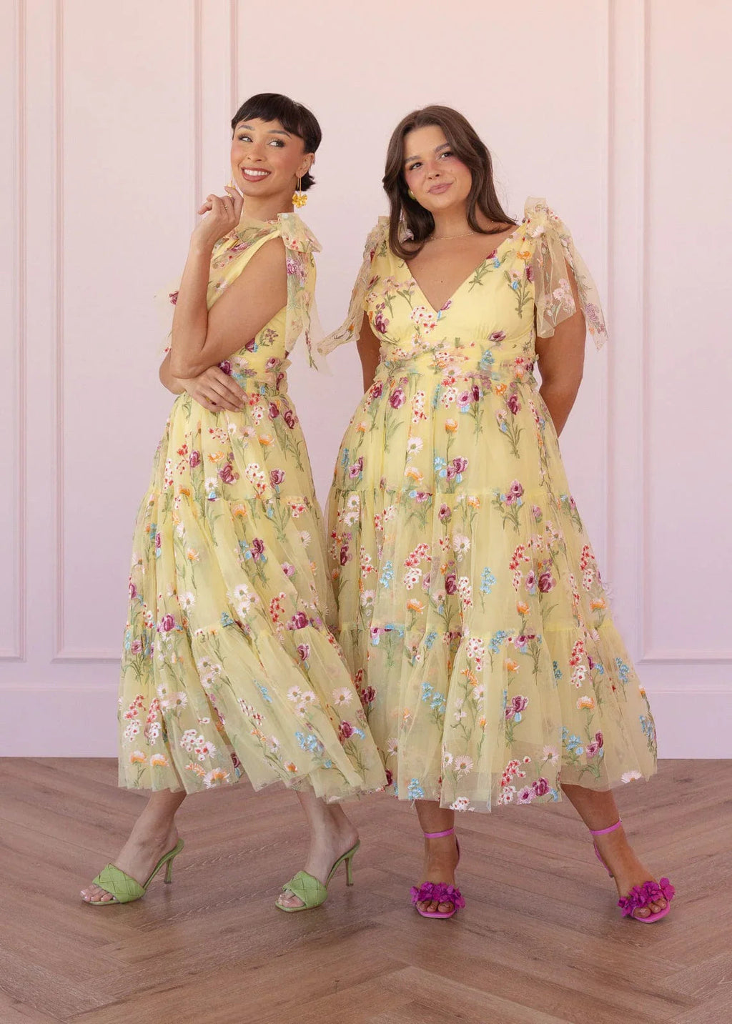 Margaret Floral Embroidered Midi Dress Yellow