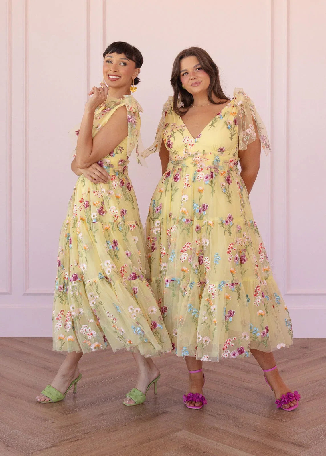 Margaret Floral Embroidered Midi Dress Yellow