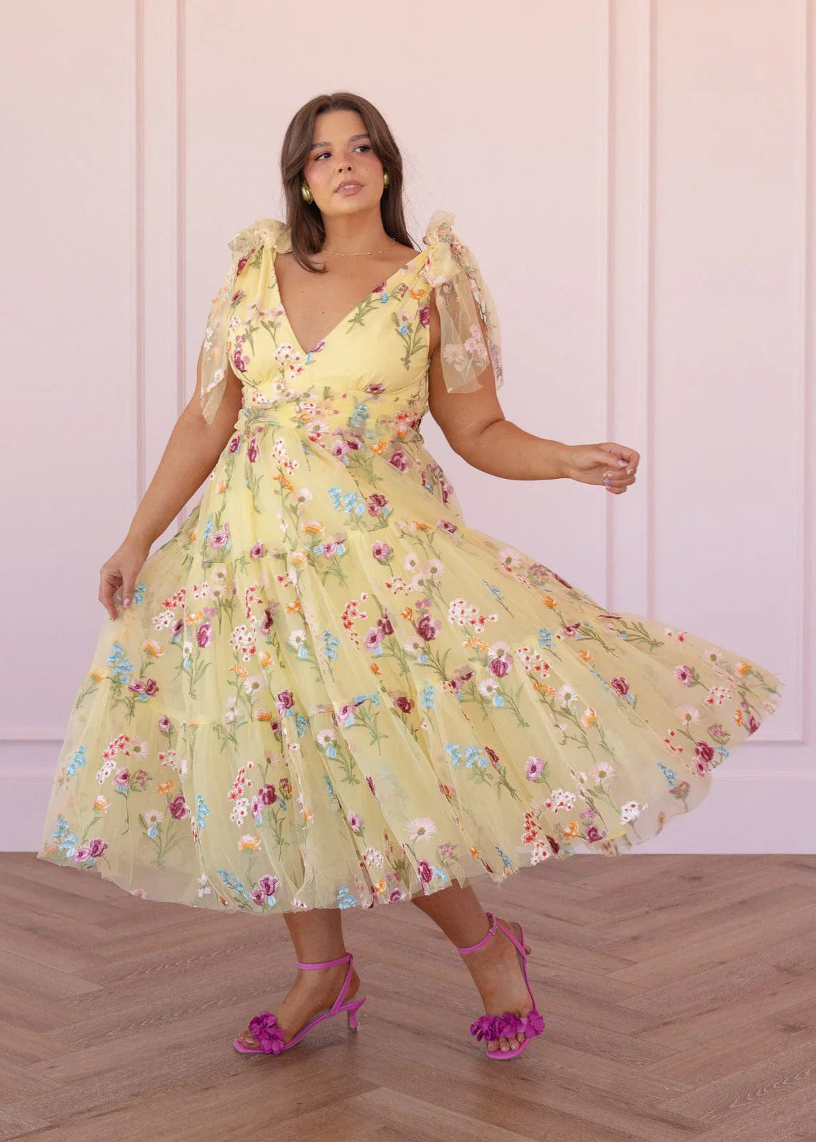 Margaret Floral Embroidered Midi Dress Yellow