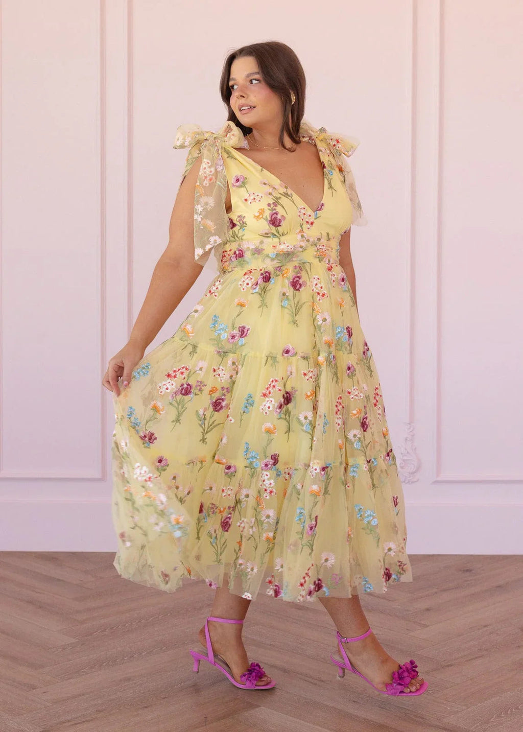 Margaret Floral Embroidered Midi Dress Yellow