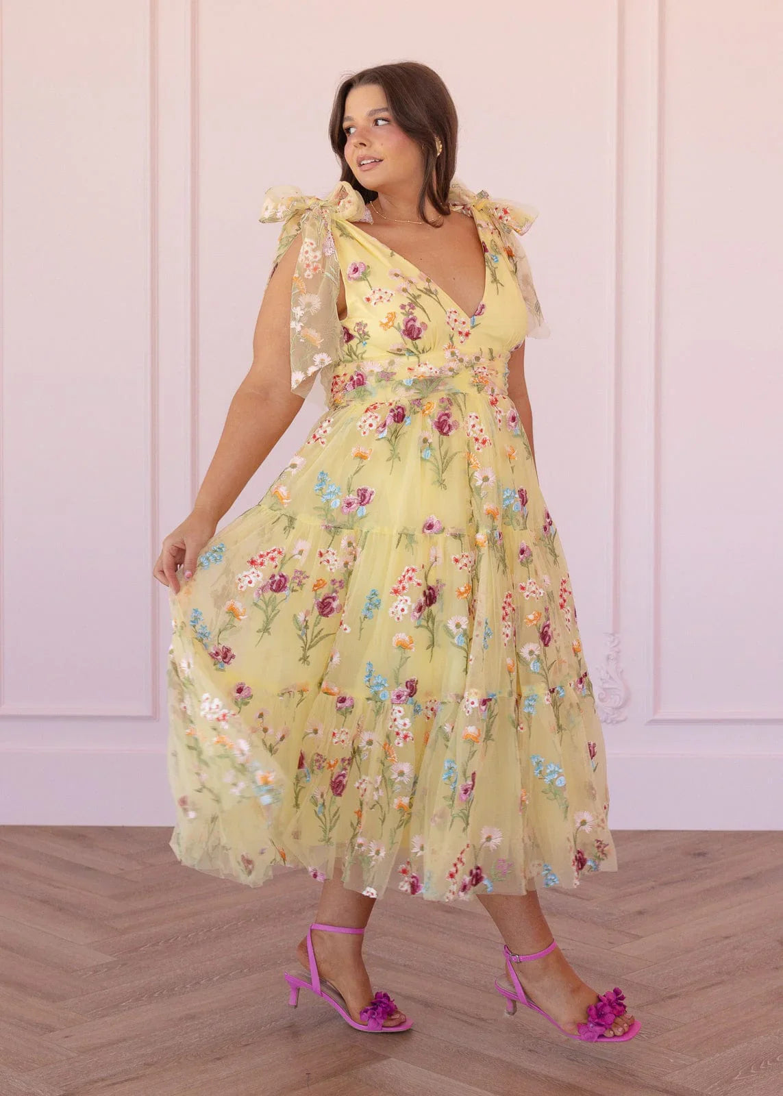 Margaret Floral Embroidered Midi Dress Yellow