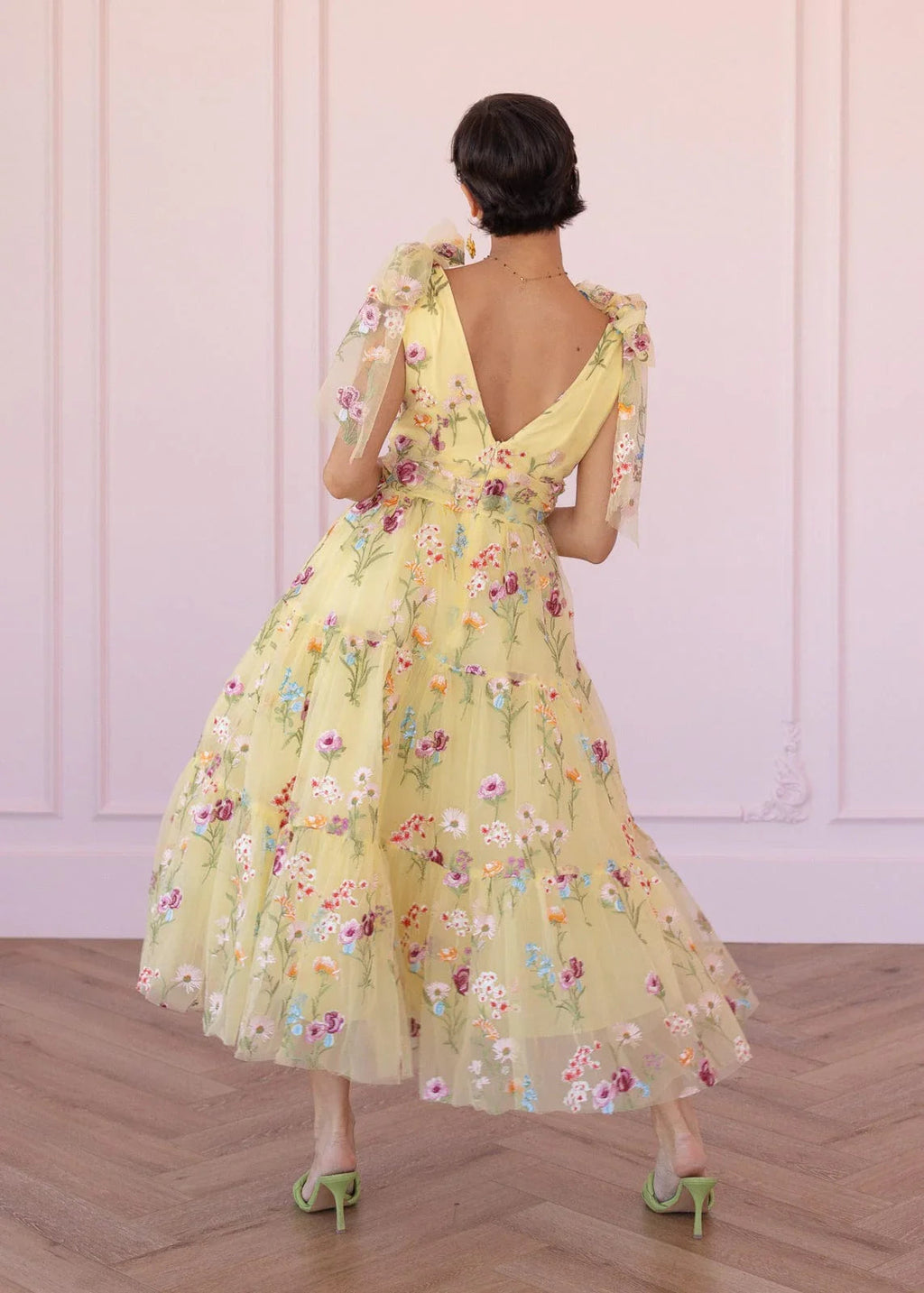 Margaret Floral Embroidered Midi Dress Yellow