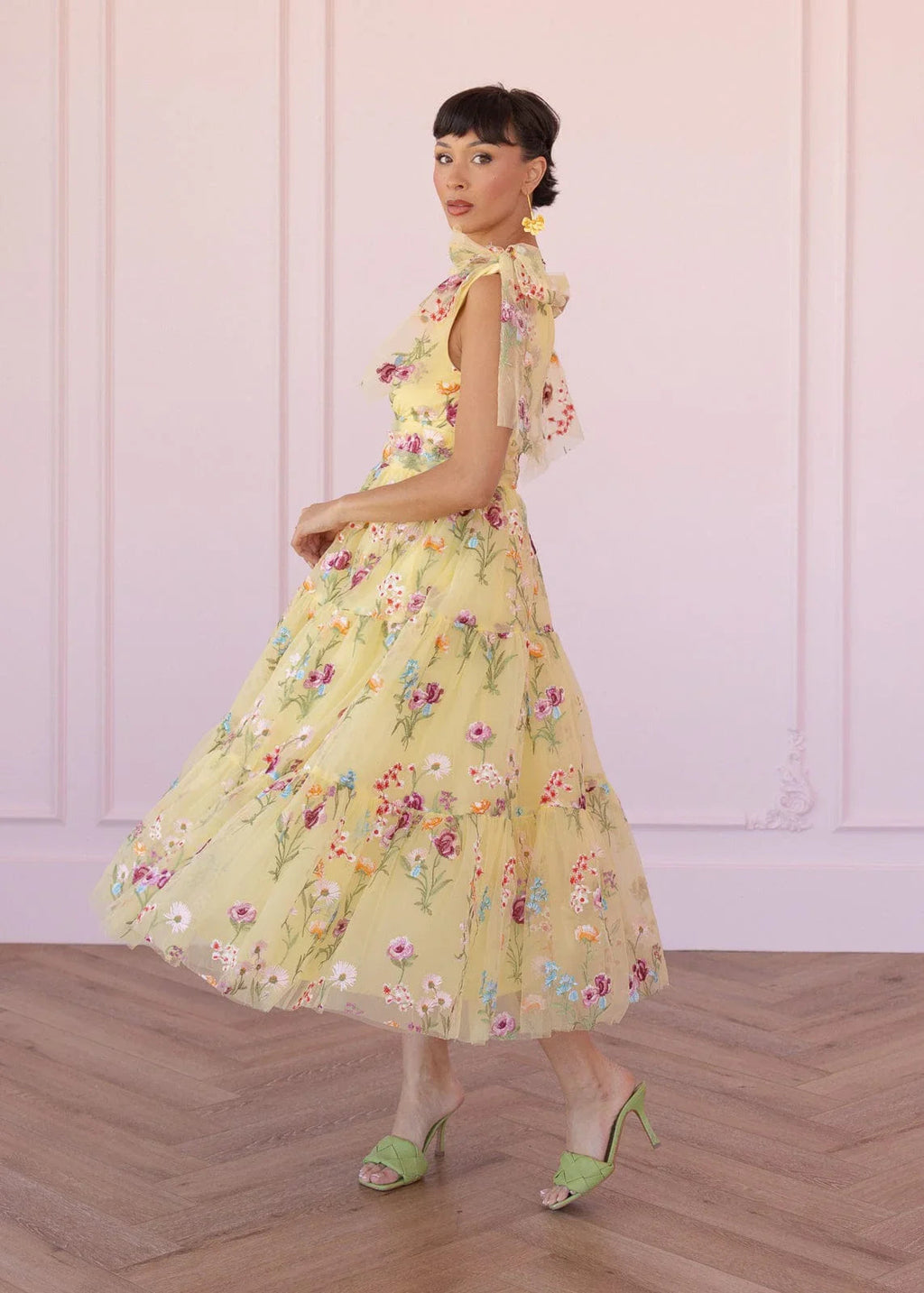 Margaret Floral Embroidered Midi Dress Yellow