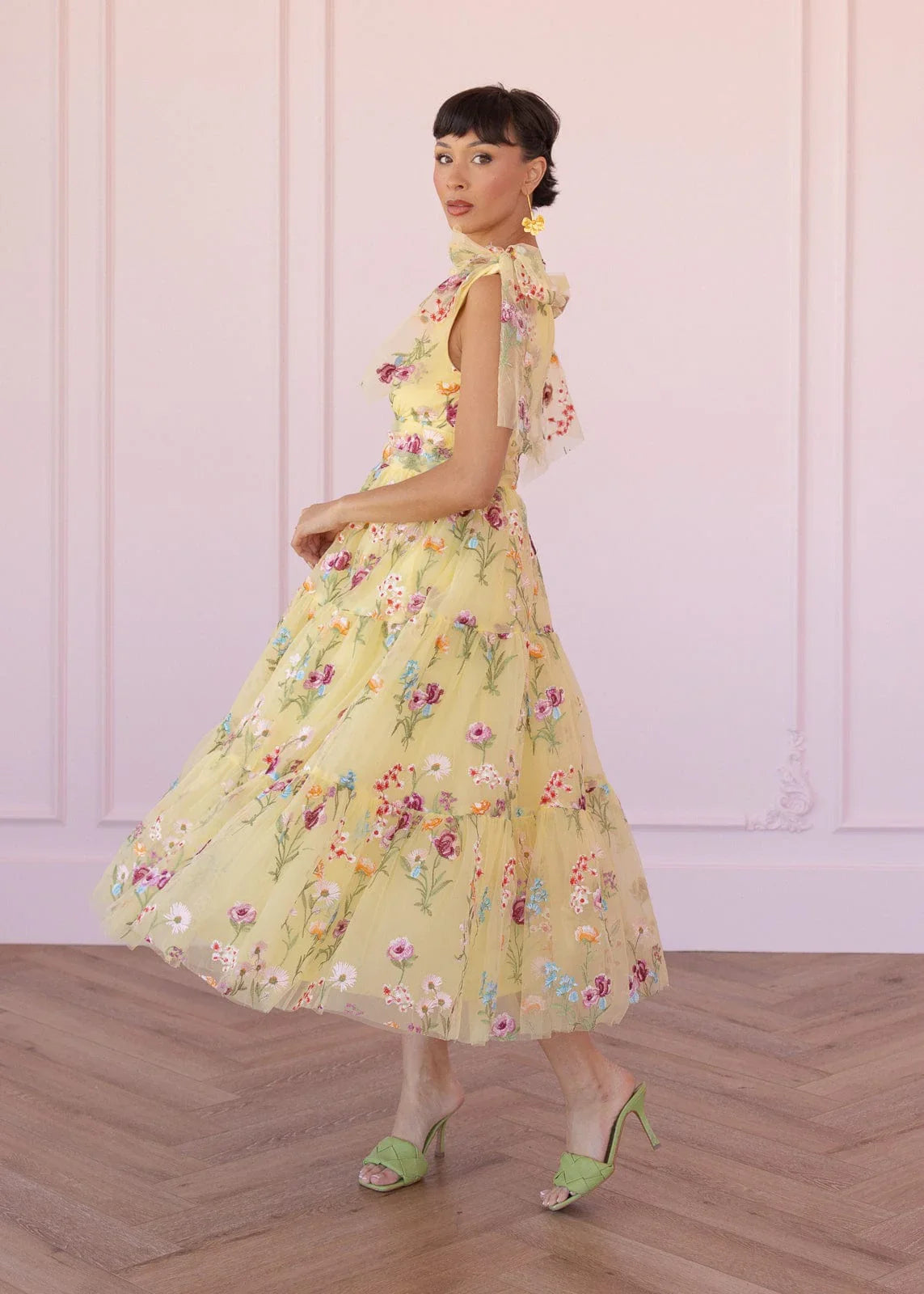 Margaret Floral Embroidered Midi Dress Yellow