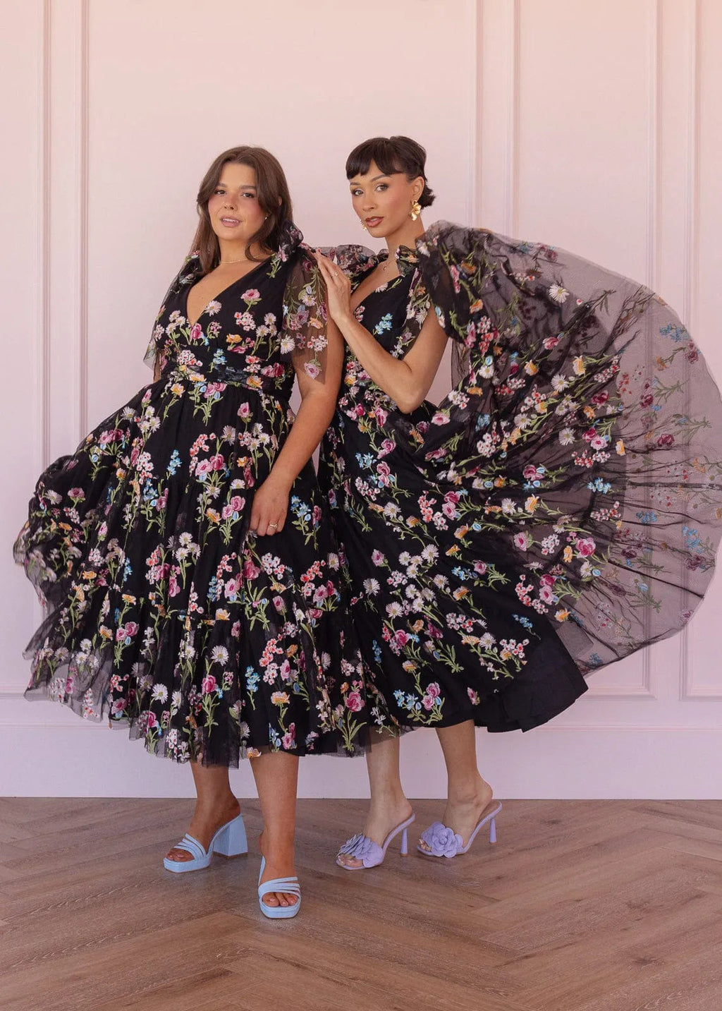 Margaret Floral Embroidered Midi Dress Black