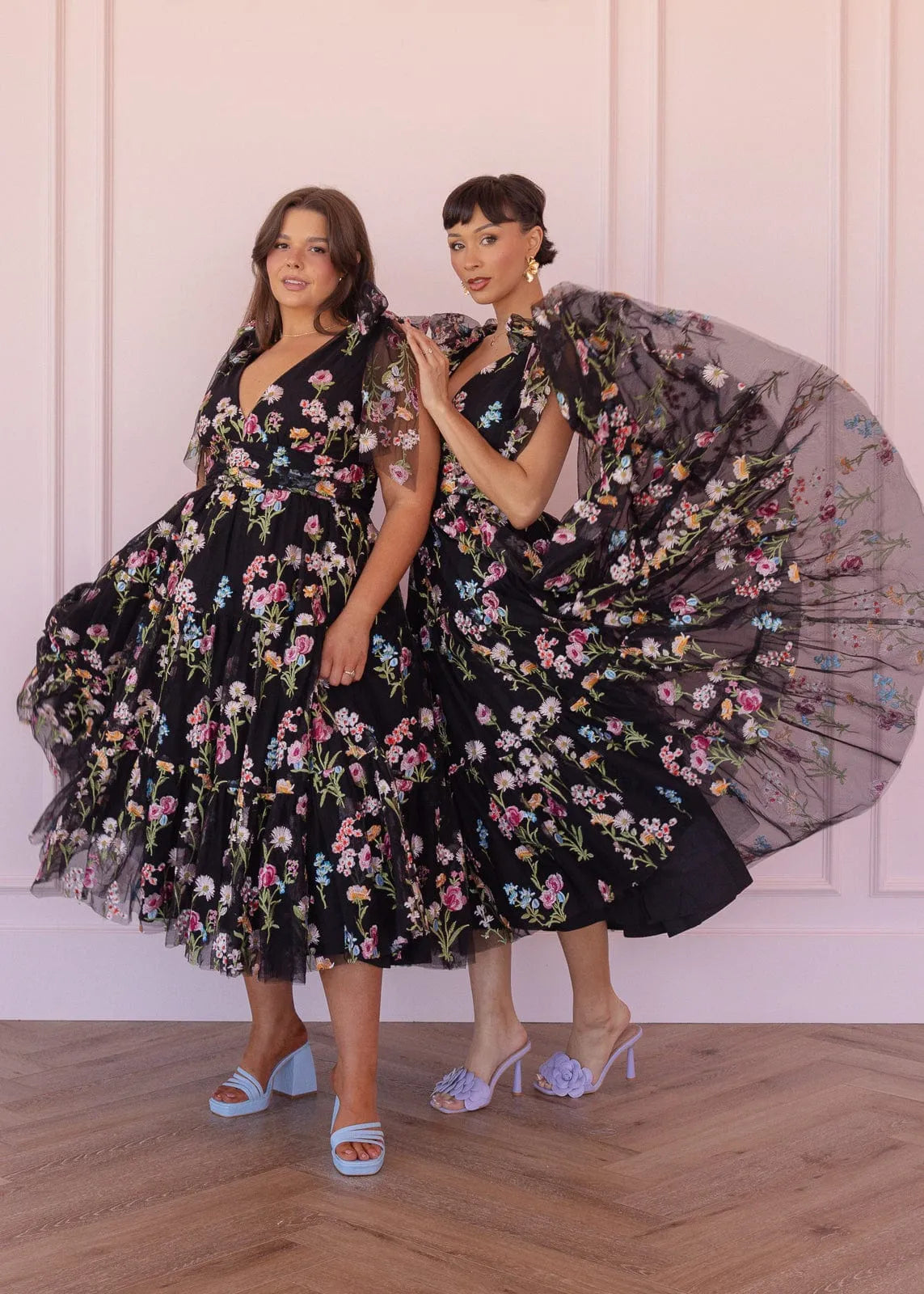 Margaret Floral Embroidered Midi Dress Black