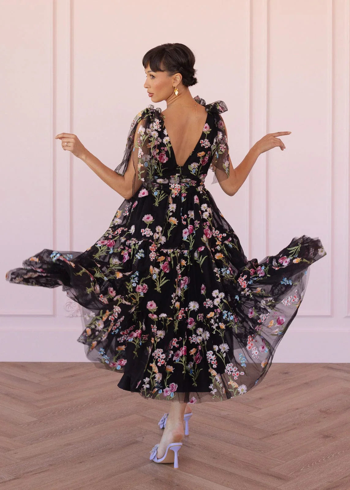 Margaret Floral Embroidered Midi Dress Black