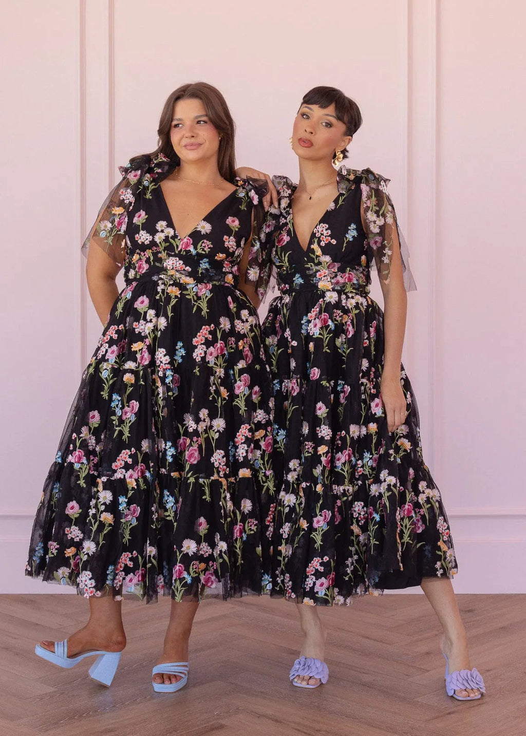 Margaret Floral Embroidered Midi Dress Black