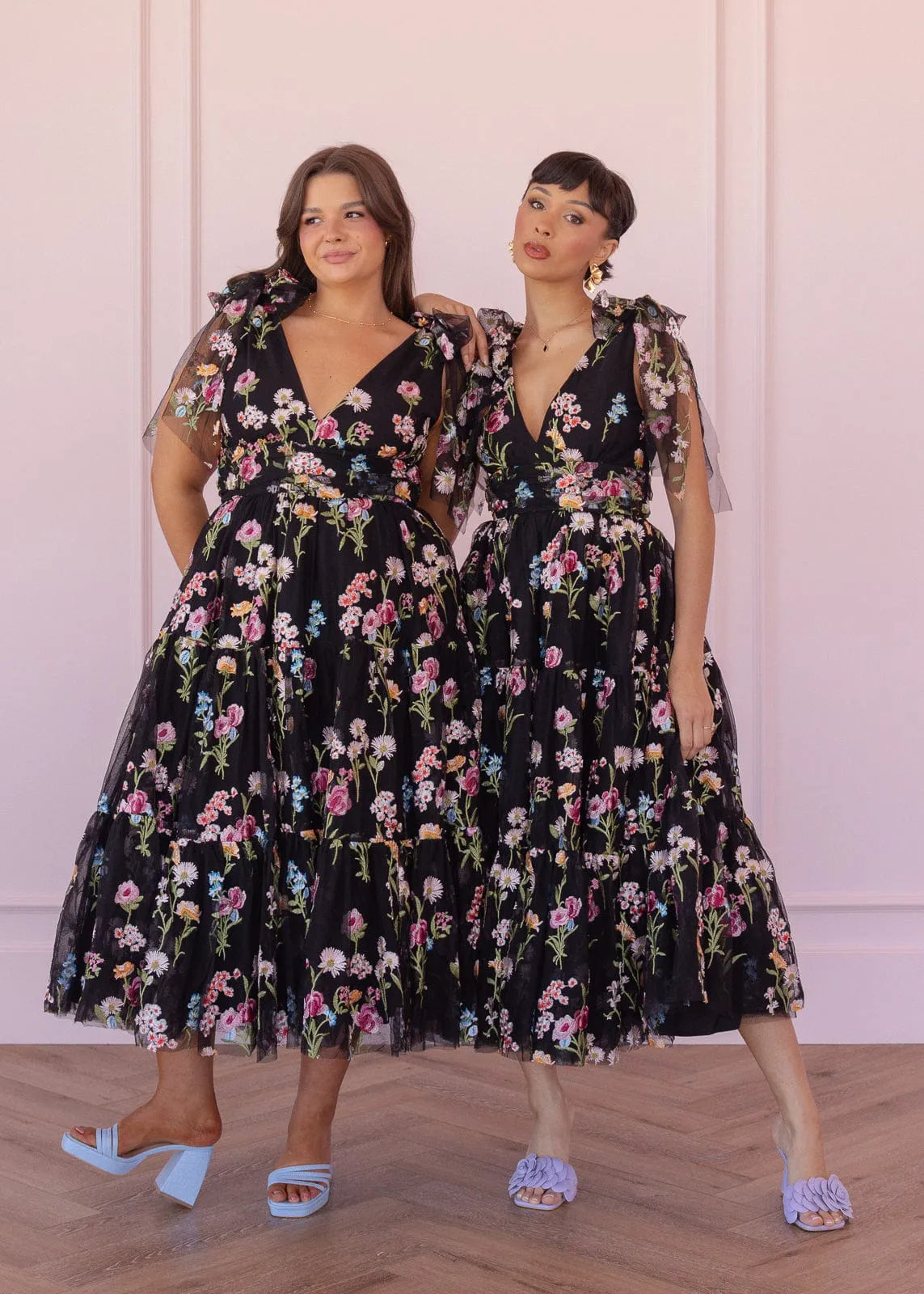 Margaret Floral Embroidered Midi Dress Black