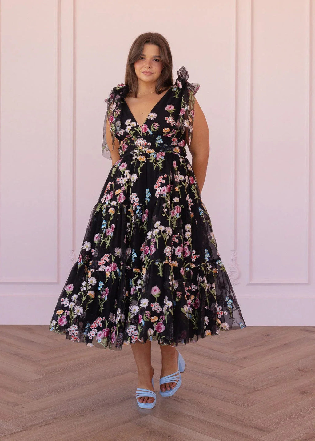 Margaret Floral Embroidered Midi Dress Black