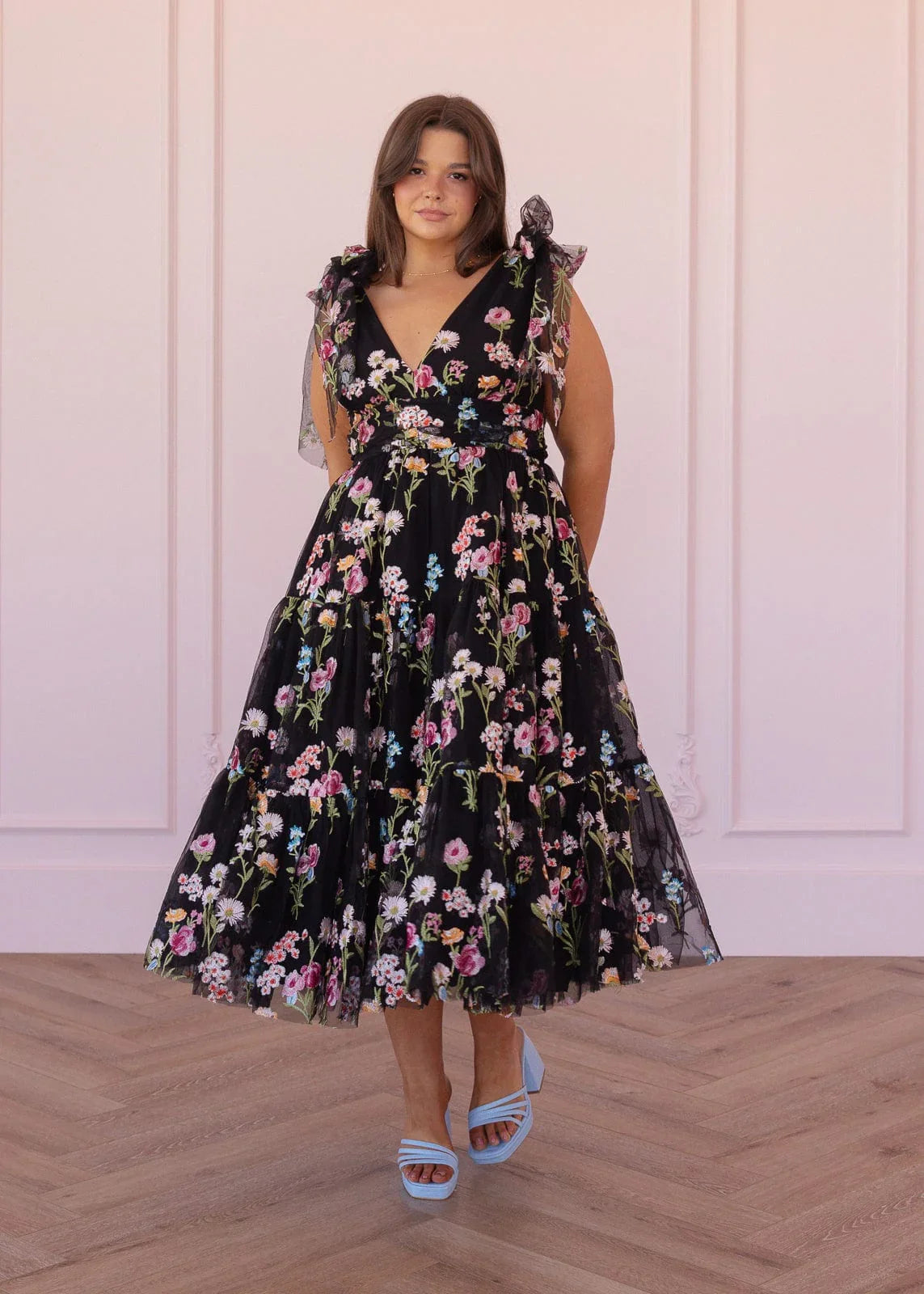 Margaret Floral Embroidered Midi Dress Black