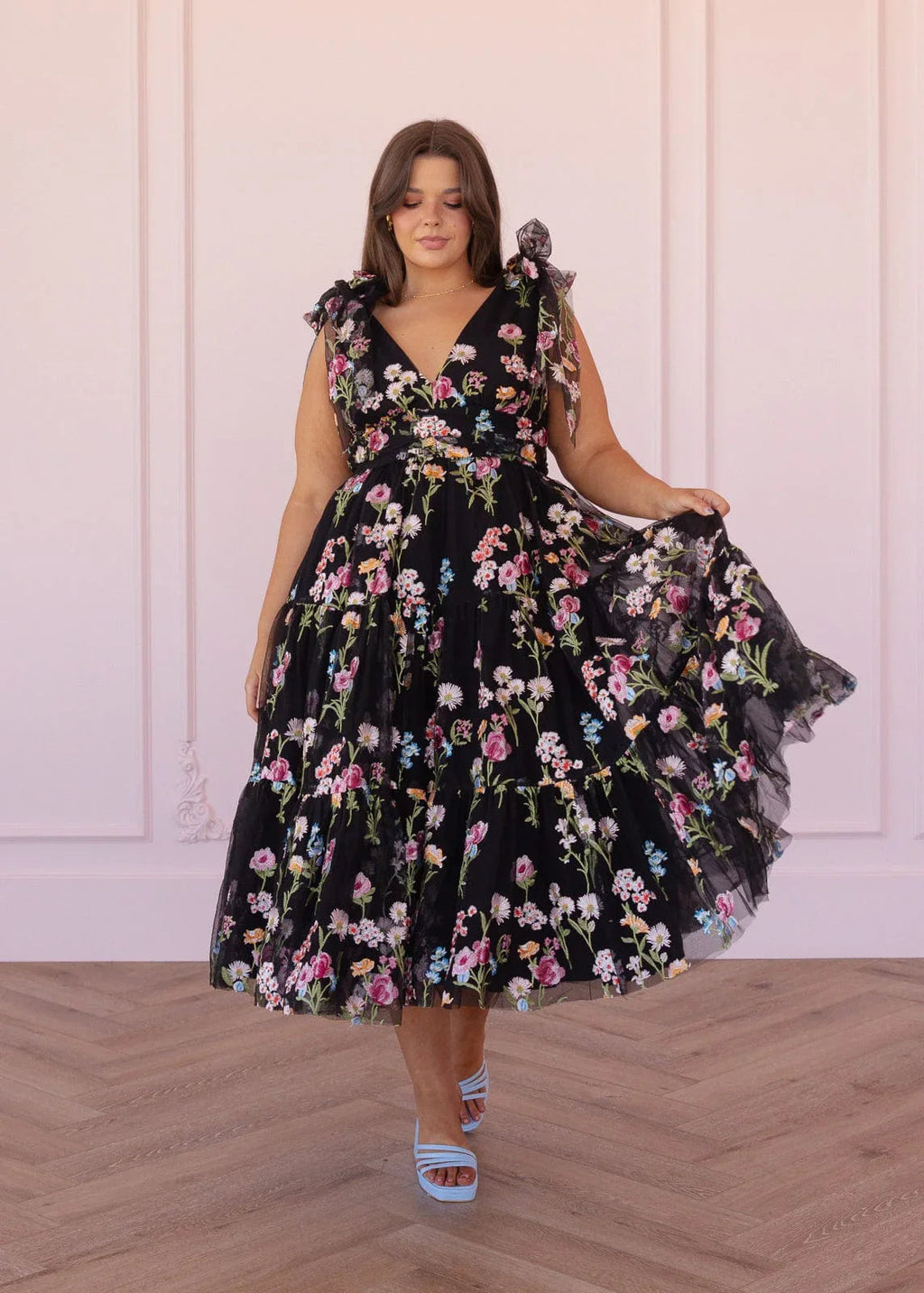 Margaret Floral Embroidered Midi Dress Black