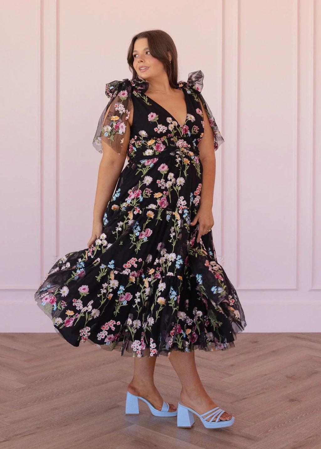 Margaret Floral Embroidered Midi Dress Black