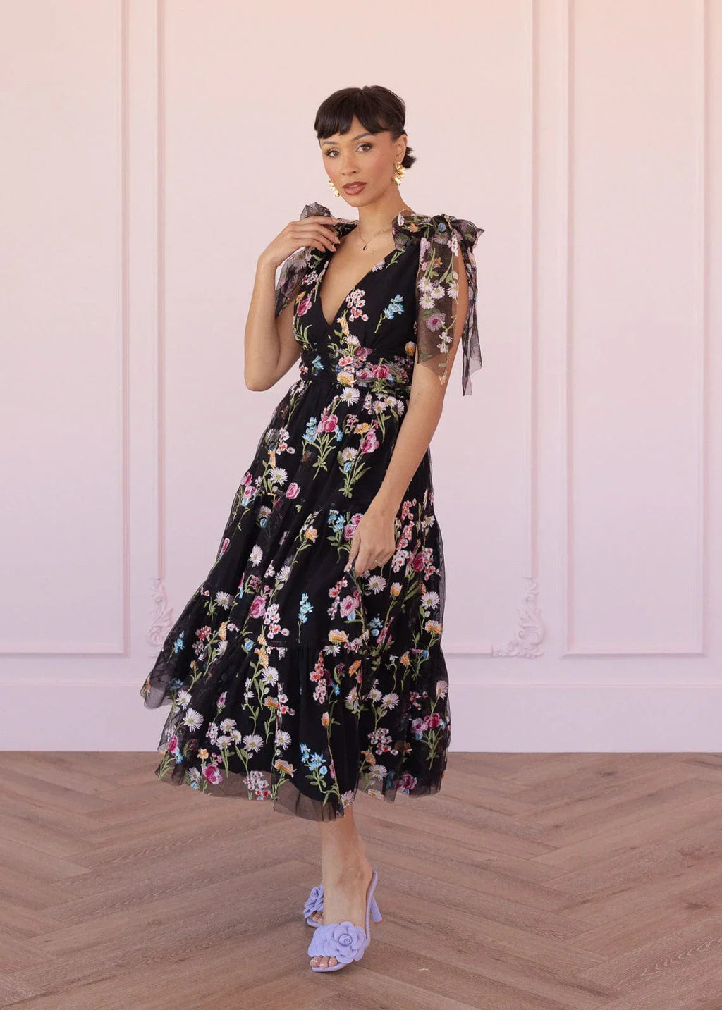 Margaret Floral Embroidered Midi Dress Black