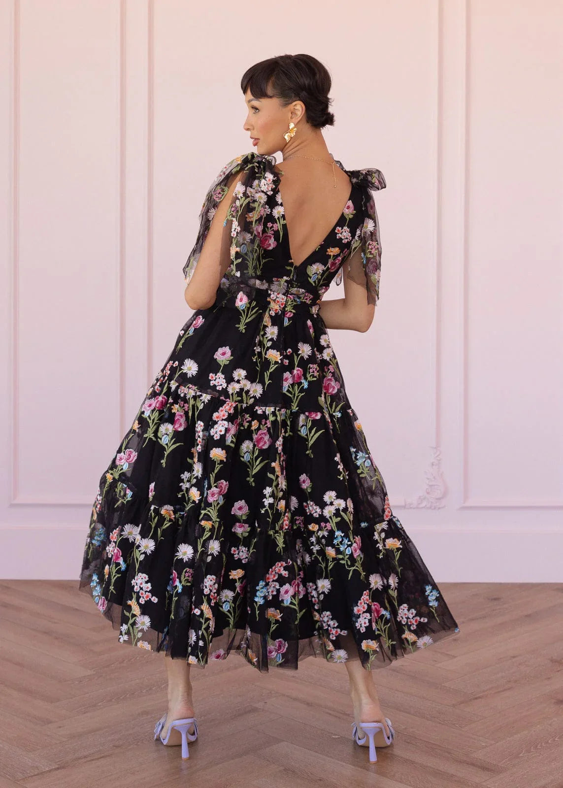 Margaret Floral Embroidered Midi Dress Black