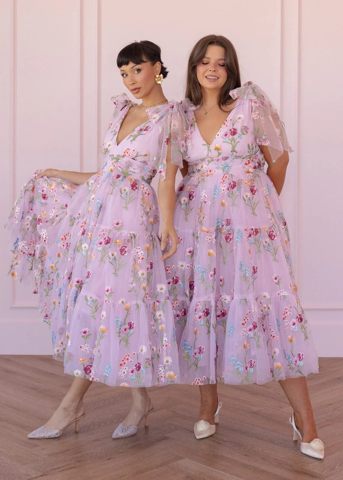 Margaret Floral Embroidered Midi Dress Pink