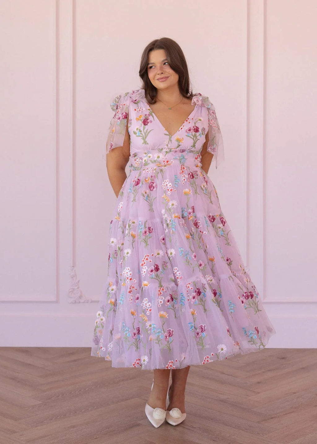 Margaret Floral Embroidered Midi Dress Pink