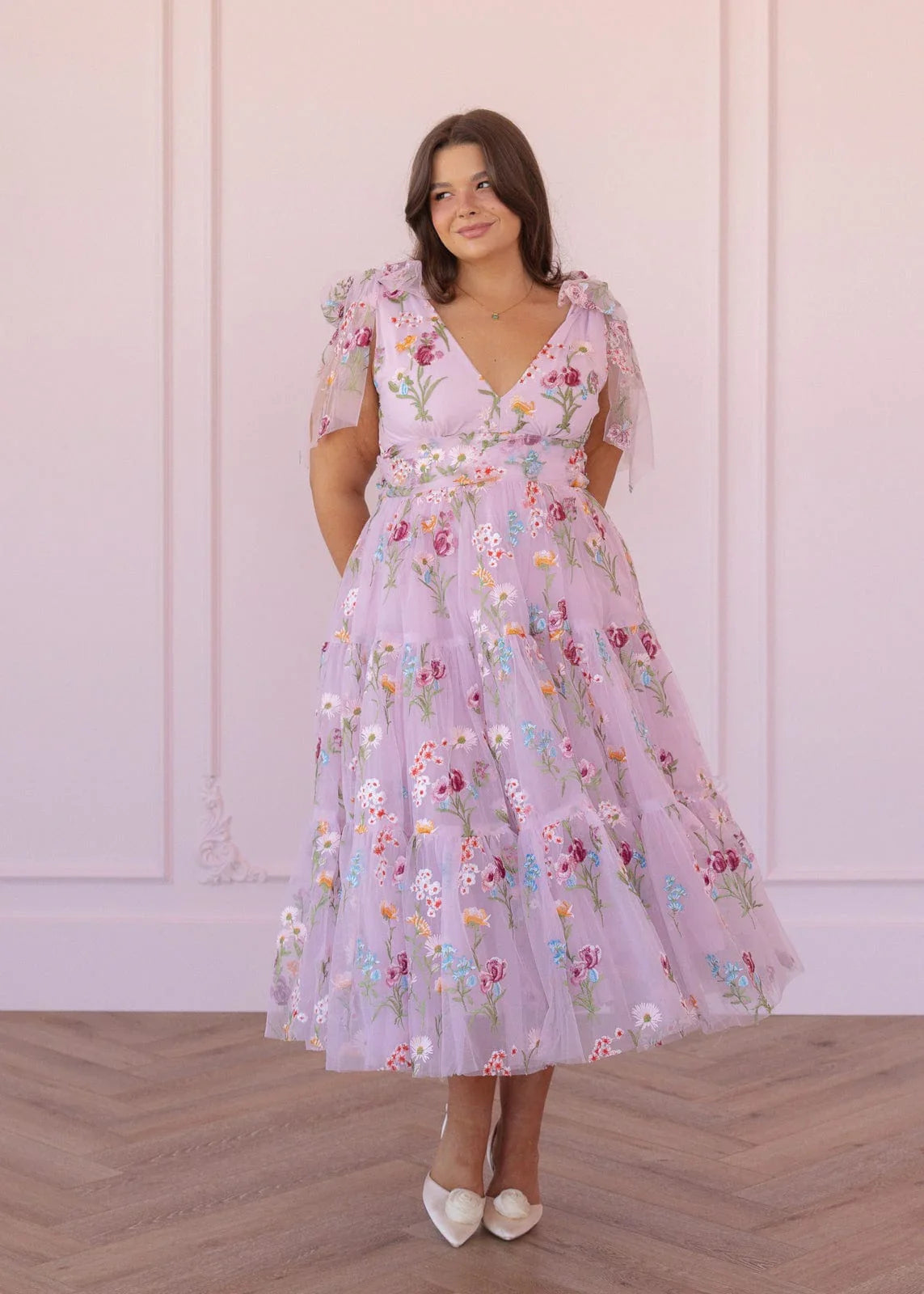 Margaret Floral Embroidered Midi Dress Pink