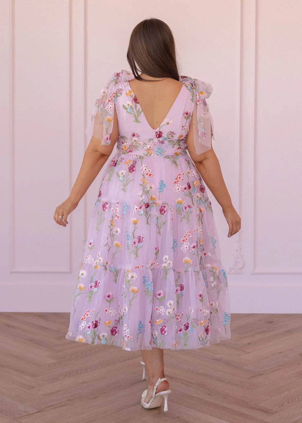 Margaret Floral Embroidered Midi Dress Pink