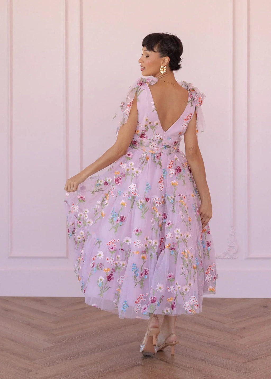 Margaret Floral Embroidered Midi Dress Pink