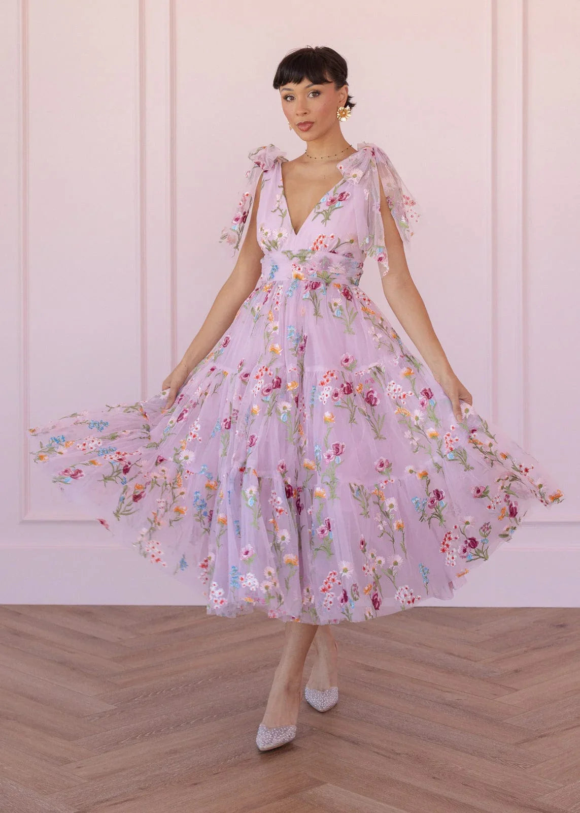 Margaret Floral Embroidered Midi Dress Pink