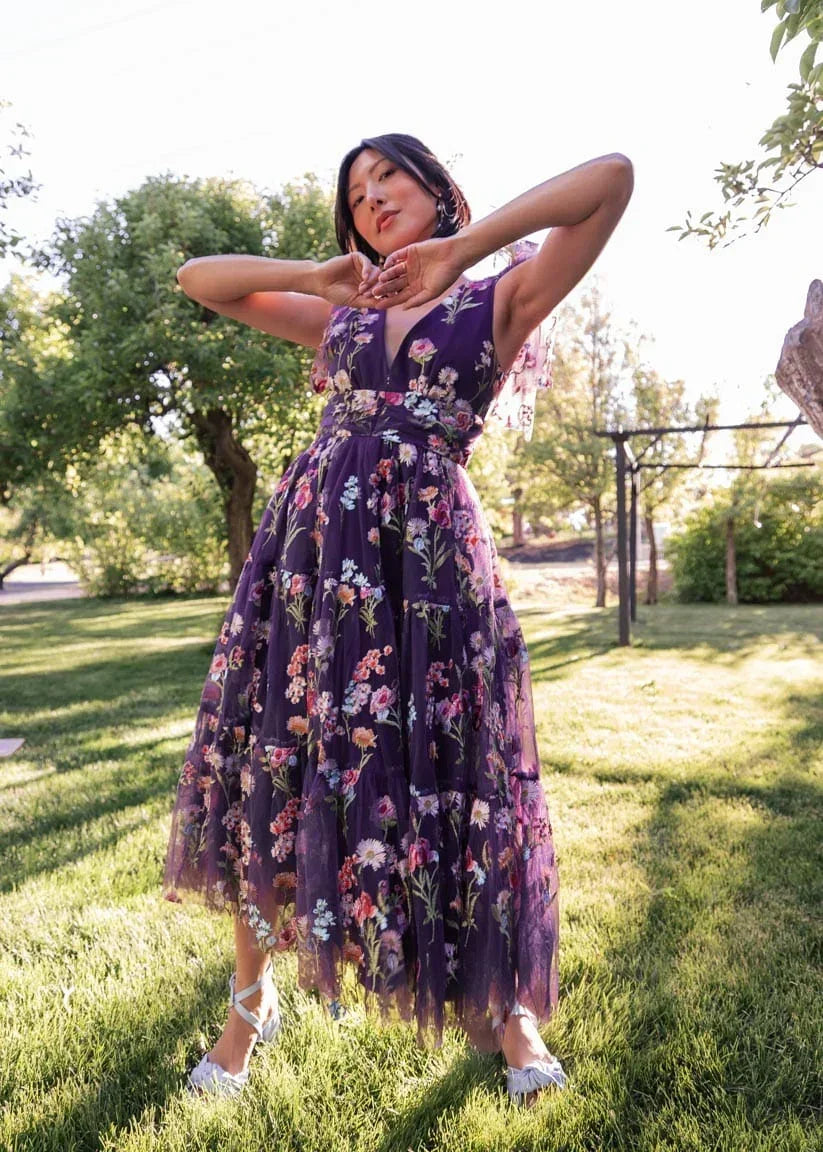 Margaret Floral Midi Dress Purple