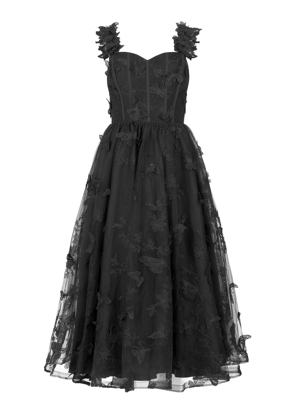 Mariposa Corset Butterfly Appliqué Midi Dress - Black