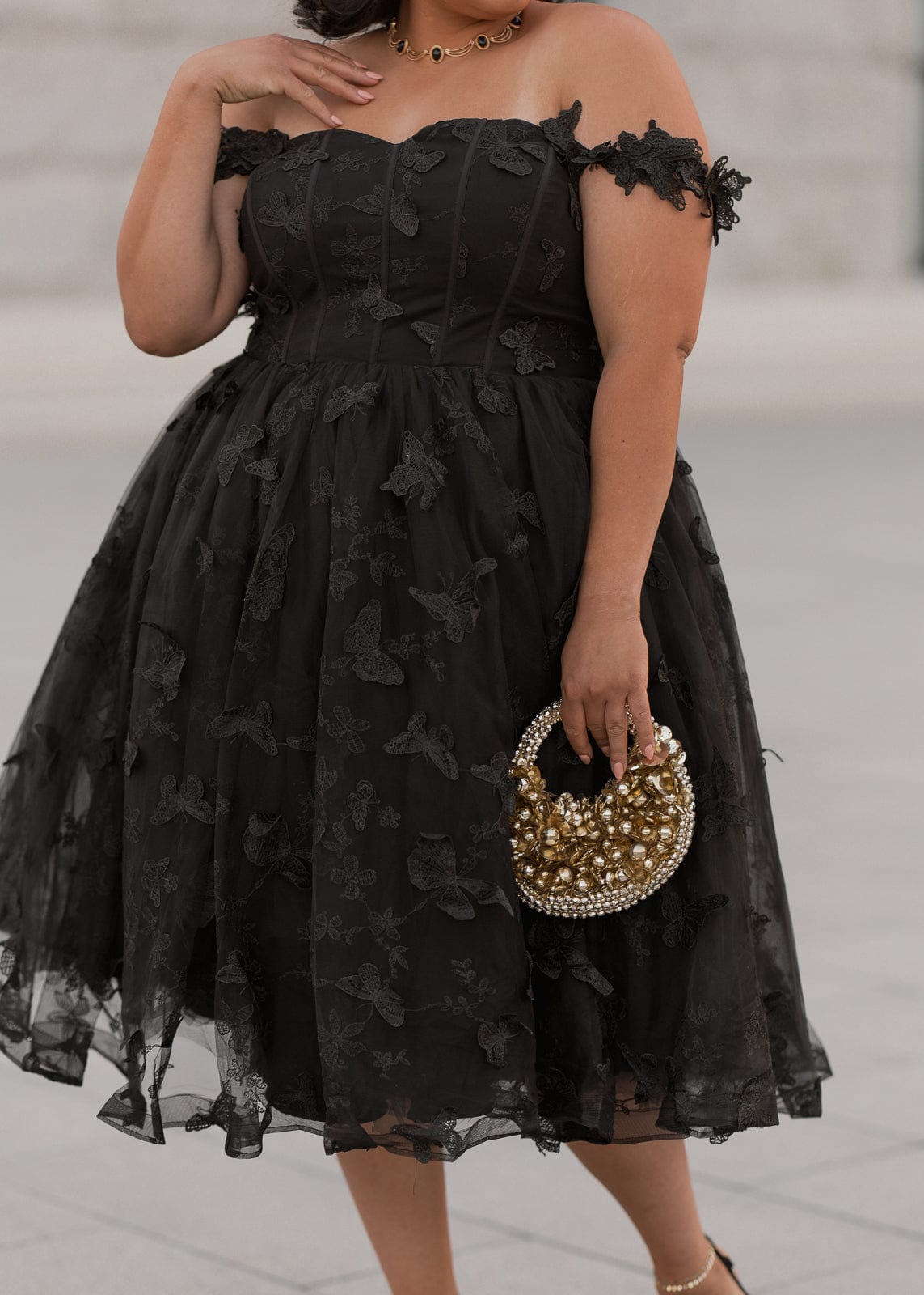 Mariposa Corset Butterfly Appliqué Midi Dress - Black