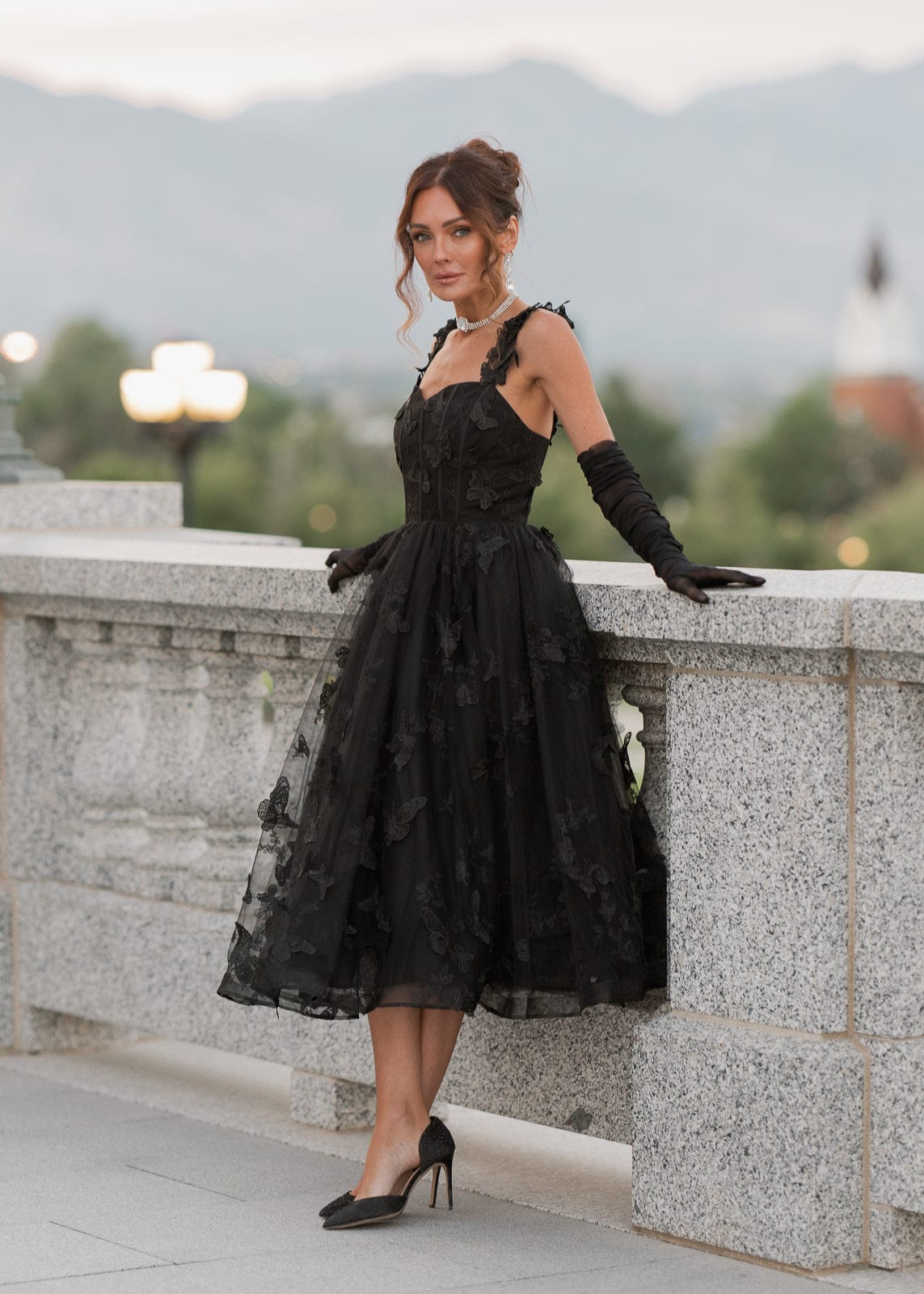 Mariposa Corset Butterfly Appliqué Midi Dress - Black