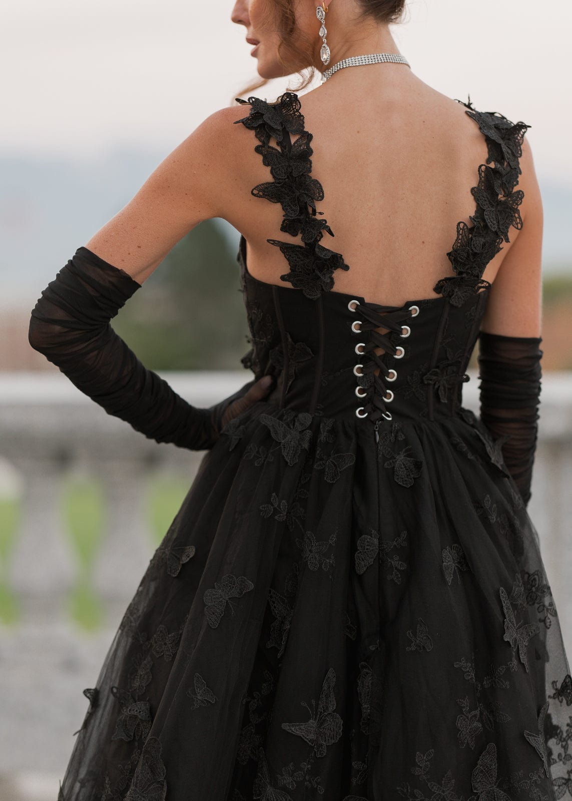 Mariposa Corset Butterfly Appliqué Midi Dress - Black