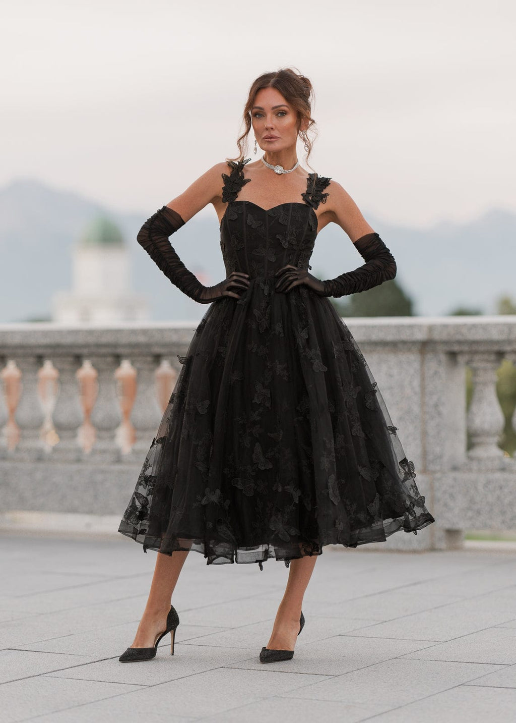 Mariposa Corset Butterfly Appliqué Midi Dress - Black