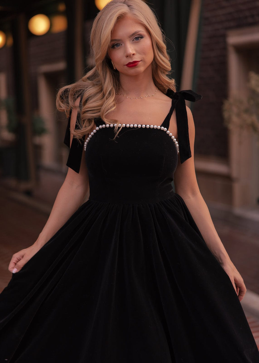 Mary Velvet Pearl Trim Bow Detail Midi Dress - Black