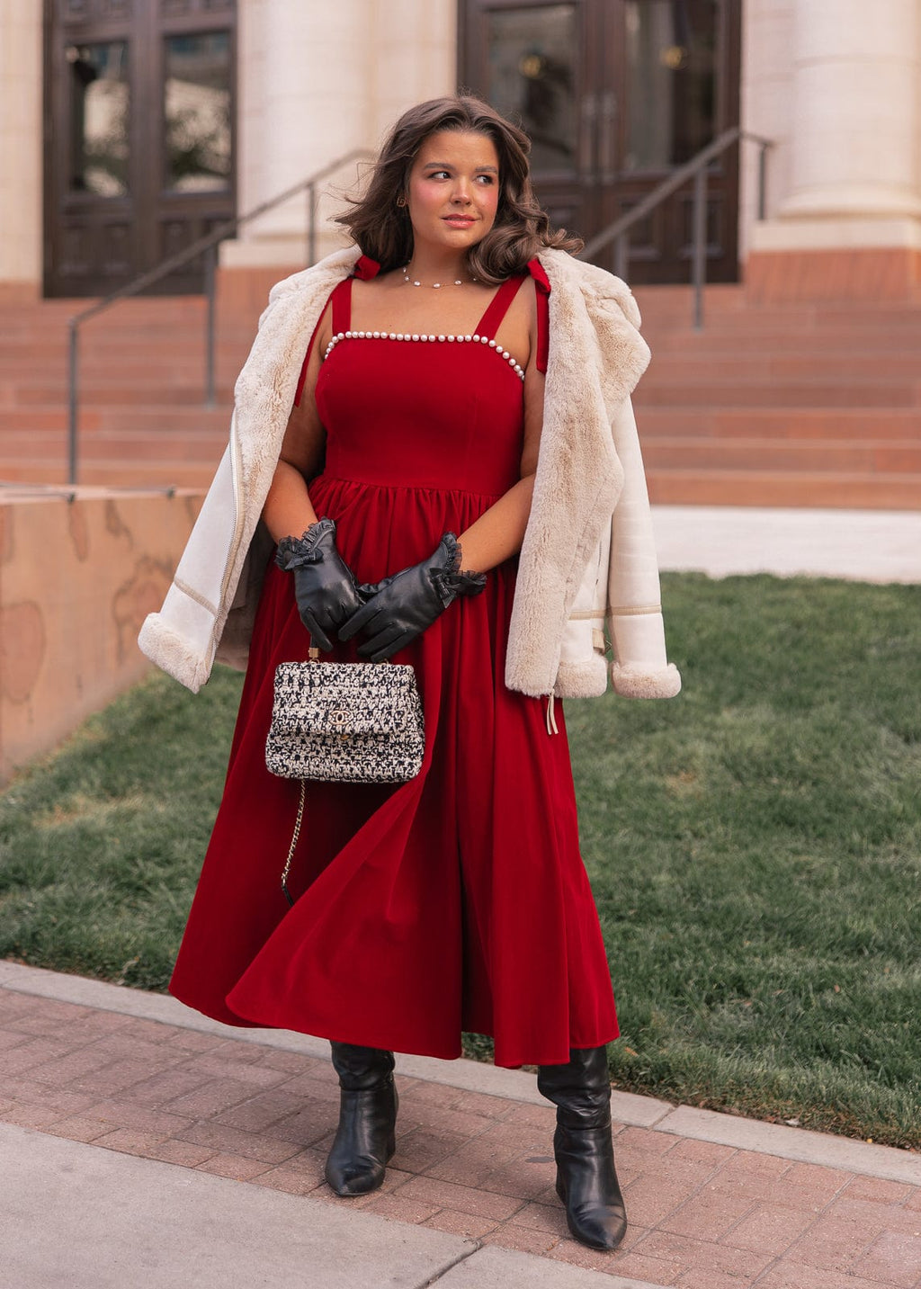 Mary Velvet Holiday Pearl Dress - Red
