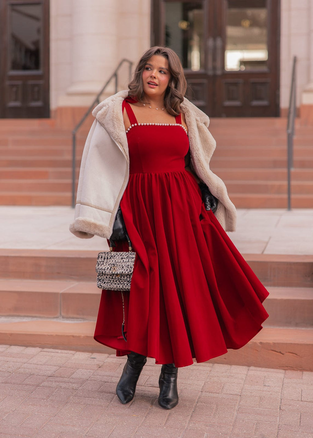 Mary Velvet Holiday Pearl Dress - Red