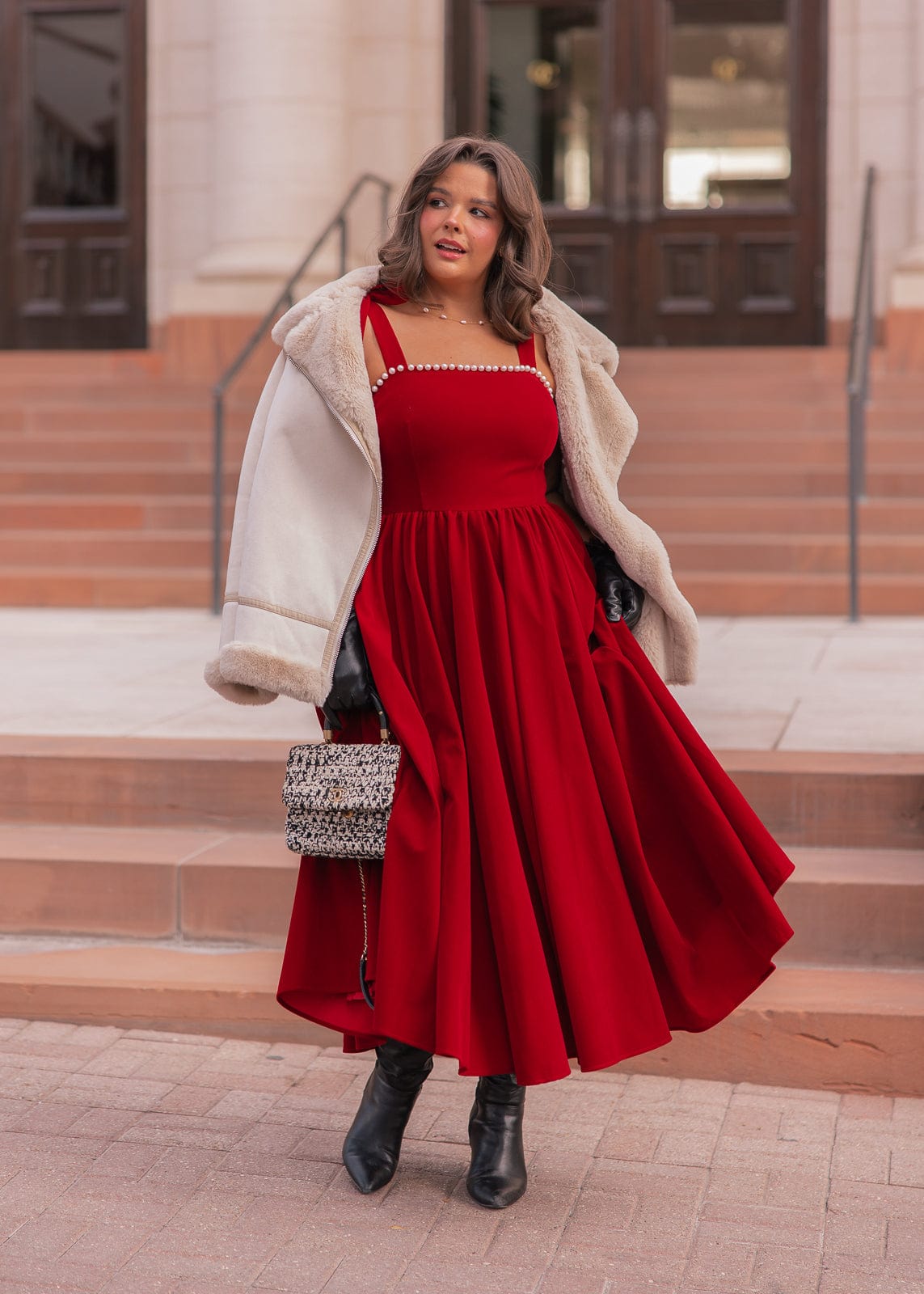 Mary Velvet Holiday Pearl Dress - Red