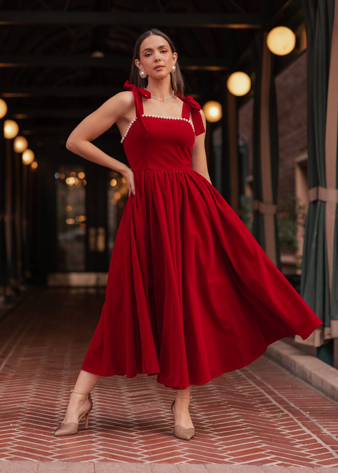 Mary Velvet Holiday Pearl Dress - Red