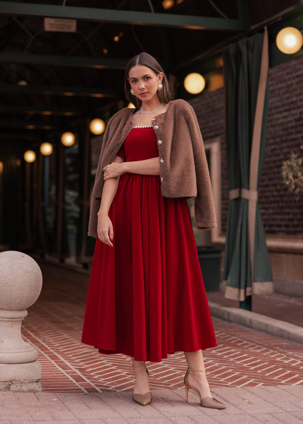 Mary Velvet Holiday Pearl Dress - Red